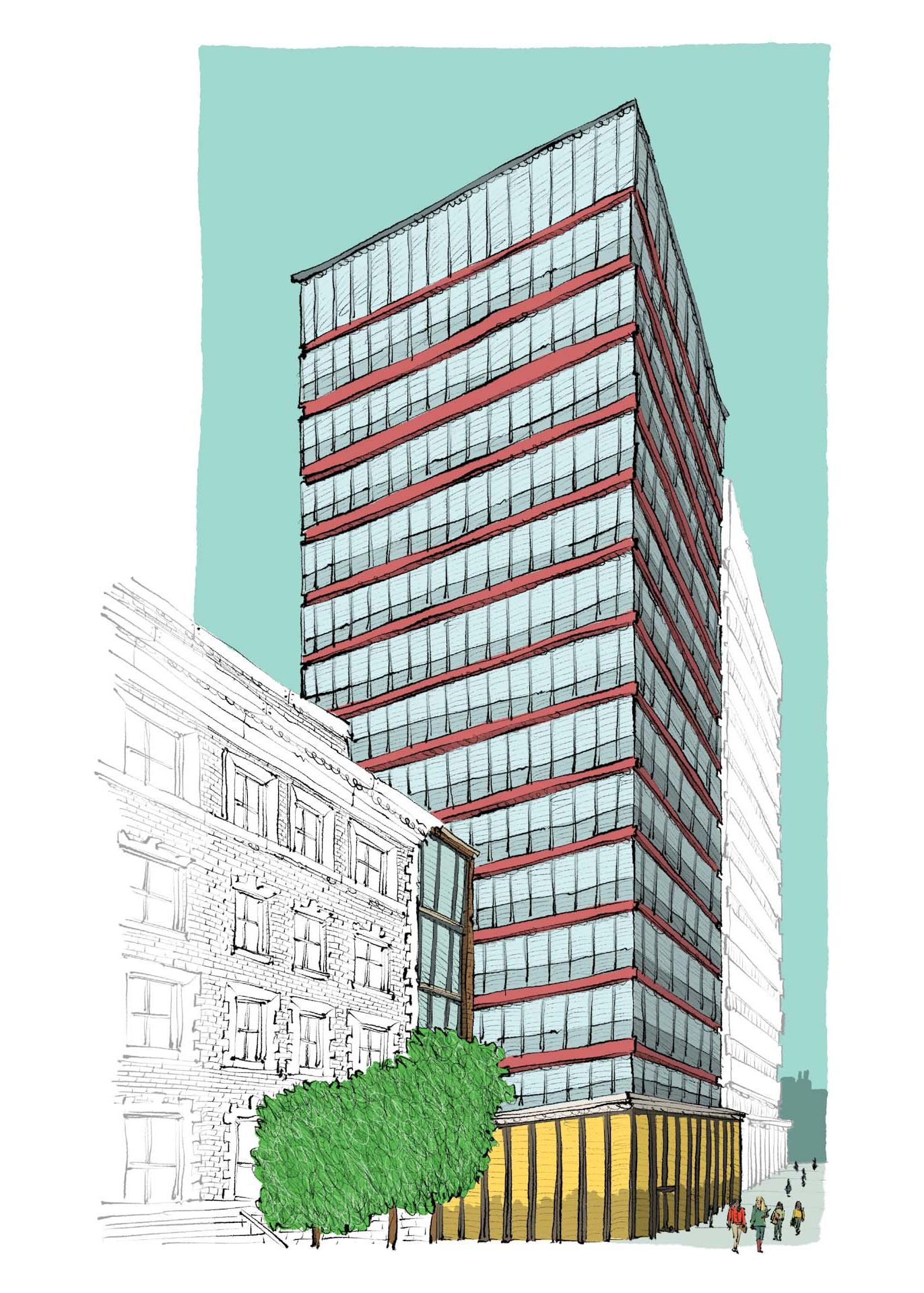 Roy and Diana Vagelos Science Center illustration showing a tall building with many windows nestled between existing buildings